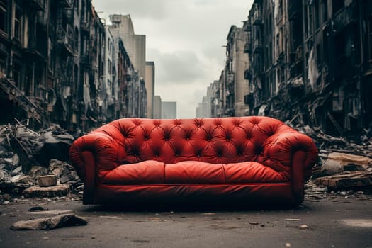 Red vintage leather sofa on the street of war destroyed city. Concept for nastiness of war. AI generated