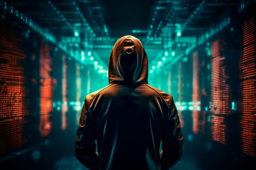 Unidentified hacker in a hoodie with abstract background of faded glowing data lines, depicting the critical importance of cybersecurity and the battle against cyber threats. Hacking and cyberspace concept.  AI generated