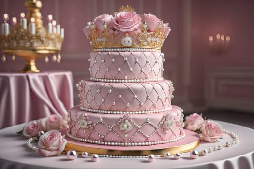 Wedding cake decorated with pink roses and gold crown on the table. ai generative