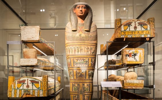 Turin, Italy - June 2022: Egyptian Museum, the Three Systers mummies room, 772 - 664 BC. Egyptian archaeology, sarchophagus.