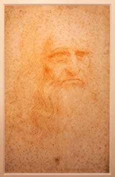 Turin, Italy - April, 2023: original Leonardo da Vinci portrait on handmade cotton paper, Royal Library