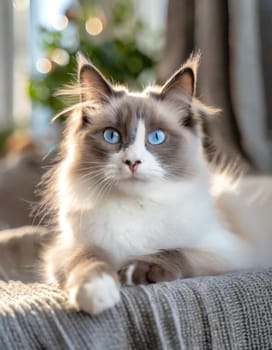Proud, noble breeding cat enthroned at home on the sofa.