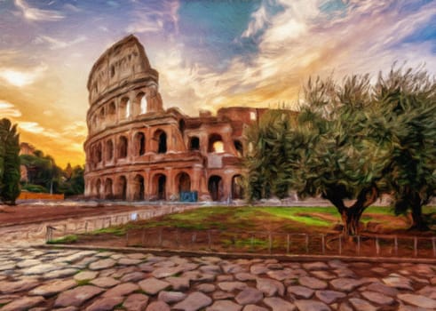 Rome, Italy - Sunset behind the Colosseum - Creative illustration, vintage impressionistic design