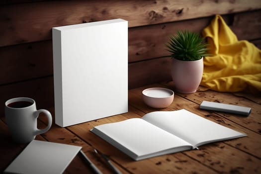 Book cover blank white vertical design template on a table - room interior
