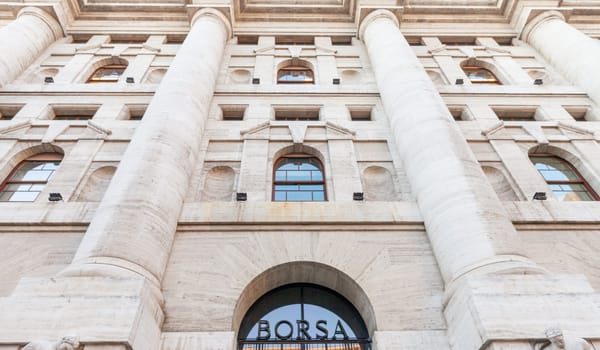 Milan, Italy - Circa March 2022: stock market building - Borsa di Milano, Italian finance and business core