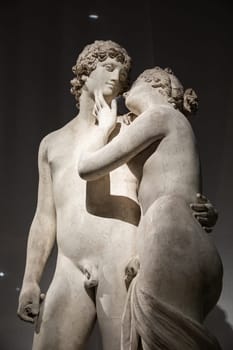 Bassano del Grappa, Italy - December 2022: Venus and Adonis, by Antonio Canova, 1822. Classic statue, concept of love, romance, beauty