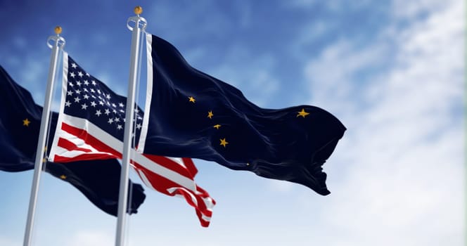 Alaska state flag waving in the wind with the national flag of the United States. Alaska flag is blue with Big Dipper and Polaris stars. 3d illustration render. Rippled fabric