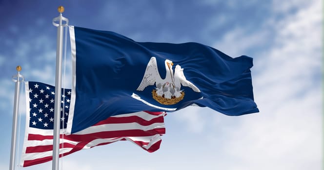 Louisiana state flag waving in the wind with the American flag. State in the southeastern region of the United States. 3d illustration render. Rippled fabric. Selective focus