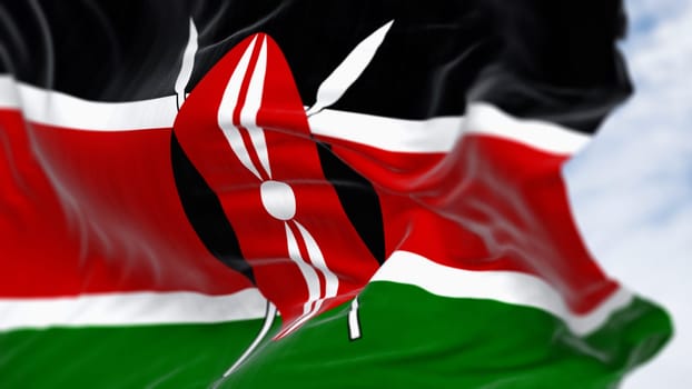 National flag of Kenya waving on a clear day. Black, red, and green bands separated by white lines, with a black Masai shield on two spears in the center. 3d illustration render. Fluttering fabric