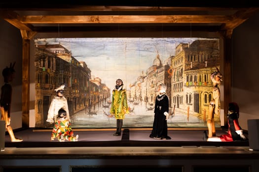 Old puppets theater. Vintage figure, traditional marionette, retro show