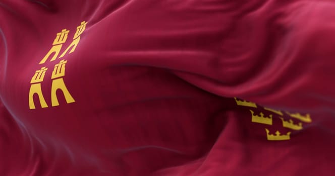 Close-up of Murcia flag waving. Autonomous community of Spain. Four castles and seven crowns on a crimson background. 3d illustration render. Selective focus. Close-up. Fluttering fabric