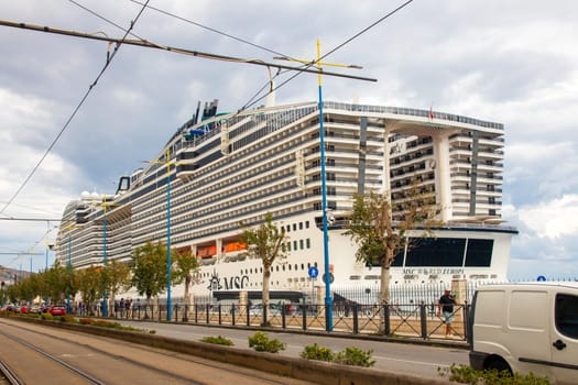 Sicily, Messina, Italy - 26 September 2023. The cruise ship Msc World Europa in port of Messina on Sizilia.