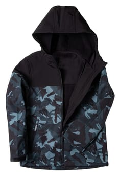 Winter jacket for children. Close-up of children's black warm jacket with hood isolated on white background. Winter fashion. Military style.