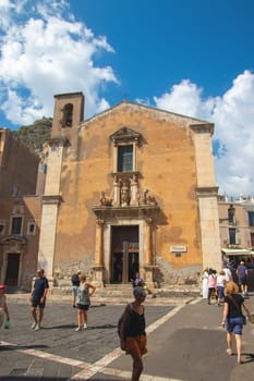Sicily, Taormina, Italy - 28 September 2023. Church of Santa Caterina. It is located in Largo S. Caterina on the famous Corso Umberto. City views, facades, architecture.