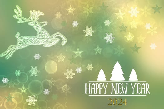 Happy New year 2024 card. Abstract festive elegant green gold glittering greeting card with bokeh circles, glowing christmas stars, a stag and the 2024 text.