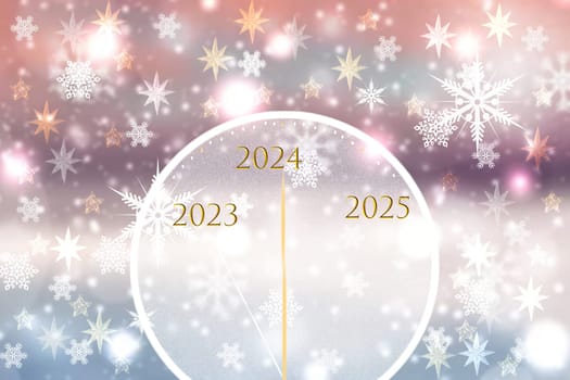 Merry Christmas and Happy New Year 2024 card background texture design with abstract blurred festive blue and white bokeh lighted glittering snowflakes and stars.