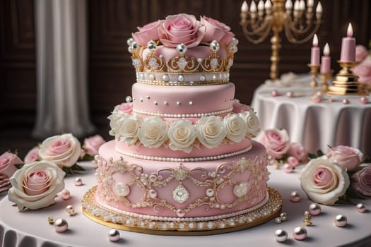 Wedding cake decorated with pink roses and gold crown on the table. ai generative
