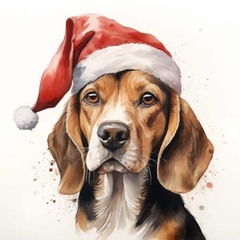 Watercolor painting of an adorable Beagle breed dog wearing a red Santa Claus hat on a white background. Perfect for making Christmas cards for dog lovers. Christmas illustration.