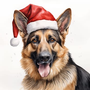 Watercolor painting of an adorable German Shepherd breed dog wearing a red Santa Claus hat on a white background. Perfect for making Christmas cards for dog lovers. Christmas illustration.
