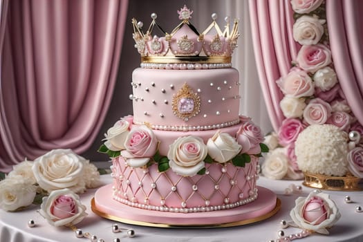 Wedding cake decorated with pink roses and gold crown on the table. ai generative