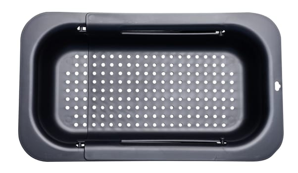 Black plastic colander on white isolated background