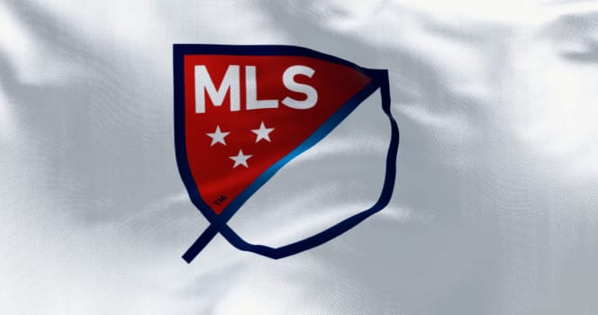 New York, US, Oct. 20 2023: Close-up of the Major League Soccer flag waving in the wind. Top professional men soccer league in North America. Illustrative editorial 3d illustration render