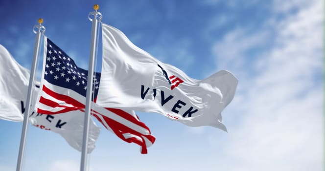 Washington D.C., US, Oct. 21 2023: Vivek Ramaswamy 2024 presidential election campaign flag waving on a clear day. Republican party primaries. Illustrative editorial 3d illustration render.