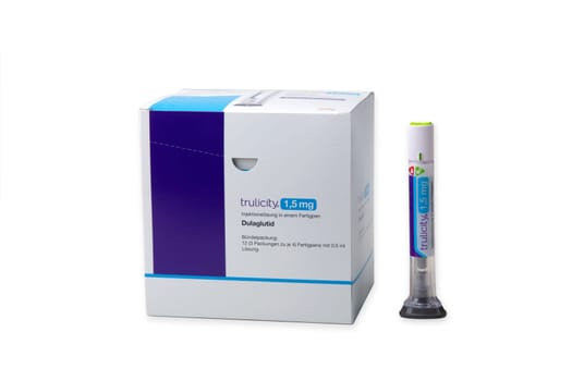 HUETTENBERG, GERMANY - OKTOBER - 20 - 2023: Box of trulicity containing Dulaglutide Pens for treatment of type 2 diabetes and losing weight.