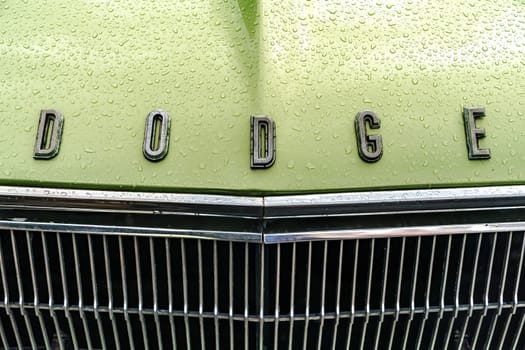 WETTENBERG, HESSE, GERMANY - 07 - 28 - 2023: Details from DODGE Car on a traditional Car Show Golden Oldies in Krofdorf-Gleiberg by Giessen in Hesse.