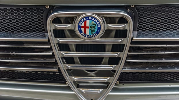 WETTENBERG, HESSE, GERMANY - 07 - 28 - 2023: Alfa Romeo Giulia Logo at the Golden Oldies classic car show.