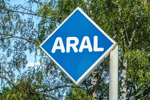 WETTENBERG, HESSE, GERMANY - 07 - 28 - 2023: ARAL Gas station sign near Giessen in Hesse.