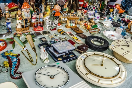 WETTENBERG, HESSE, GERMANY - 07 - 28 - 2023: Market boot with objects beeing selled at the weekend flea market