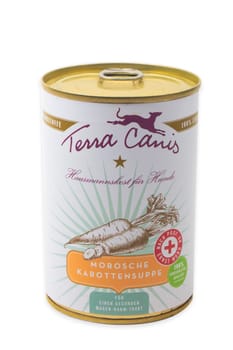 HUETTENBERG, GERMANY - SEPTEMBER 23 -2023: Can of Professor Moro's Carrot Soup . First Aid soup for dogs having diarrhoea.
