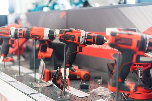 Tool for work, repair and construction in a store. Wired power tools and battery powered equipment