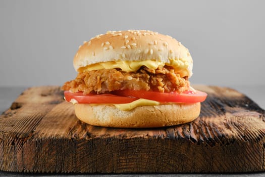 Street chicken burger with fresh tomato and cheesy sauce, front view