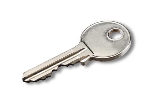 A silver house key isolated on white with shadow