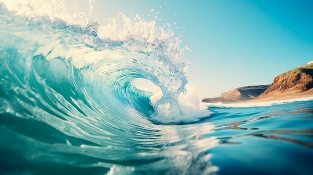 Big waves on the sunny ocean with big splashes. Powerful foamy sea waves rolling and splashing over water surface. AI generated