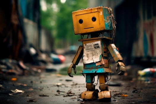 Cute funny robot  made of garbage standing on a street. Recycling waste concept. AI generated