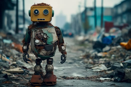 Cute funny robot made of garbage standing on a dirty street. Recycling waste concept. AI generated
