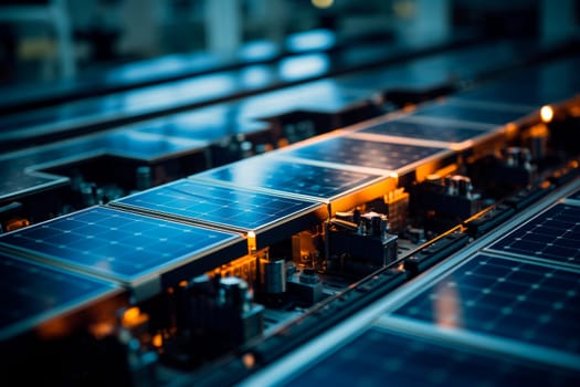 Solar panel assembly line on advanced bright factory. Solar panel cells are being moved and tested on conveyor during solar panel production process. AI generated