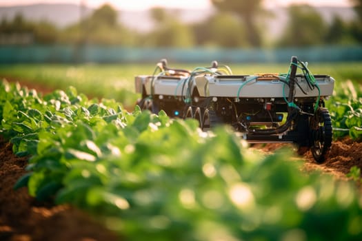 Modern organic farm adopts robotic industry technology to apply in vegetable plots to work and help harvest. Concept of smart farming and Industry 4.0. AI generated