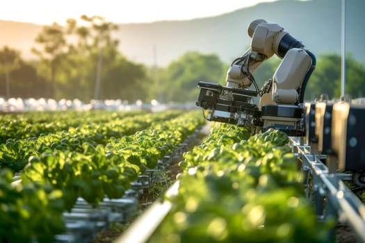 Modern organic farm adopts robotic industry technology to apply in vegetable plots to work and help harvest. Concept of smart farming and Industry 4.0. AI generated