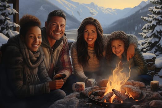 Family sitting around campfire in evening during mountain winter trip. Winter season. People having fun sitting at bonfire looking at mountain landscape. Enjoying fire in the evening. Weekend trip. Travel to the mountains. Natural destinations