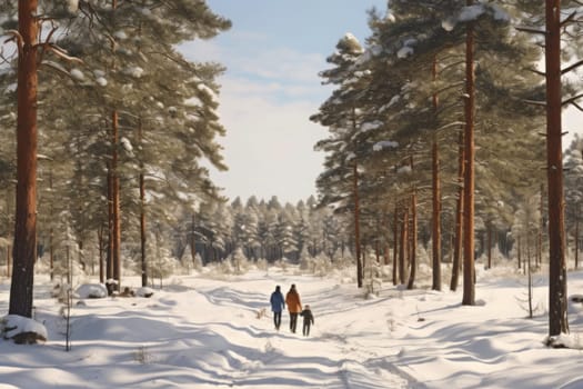 Family walking in the snow in forest on winter day. Spending leisure time close to nature. Snowy winter. Cold day. Active people. Physical activity. Healthy lifestyle. Daily routine