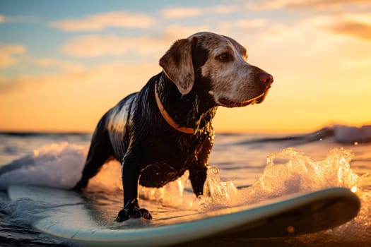 Dog on a surf caught a wave. Surfing happy dog, Golden Retriever on surf board. AI generated