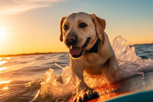 Dog on a surf caught a wave. Surfing happy dog, Golden Retriever on surf board. AI generated