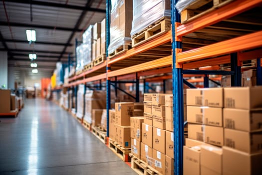 Retail warehouse full goods in cartons on a pallets and shelves. Logistics and transportation concept. Product distribution center. AI generated