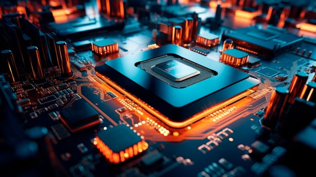 Computer circuit board close-up. Electronic computer hardware technology. Motherboard digital chip.  Integrated communication processor. AI generated