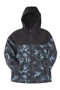 Winter jacket for children. Close-up of children's black warm jacket with hood isolated on white background. Winter fashion. Military style.
