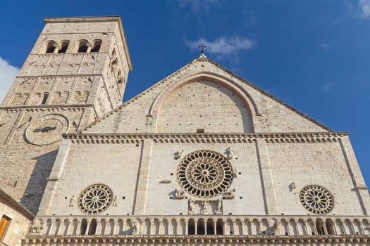 Front detailed  view of Cathedral of San Rufino. in italian Assisi. Umbria. Horizontally.